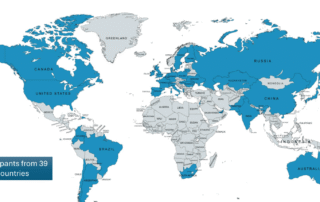 Mapa del mundo con distribución por países de pacientes enrolados en el estudio de historia natural de KIF1A